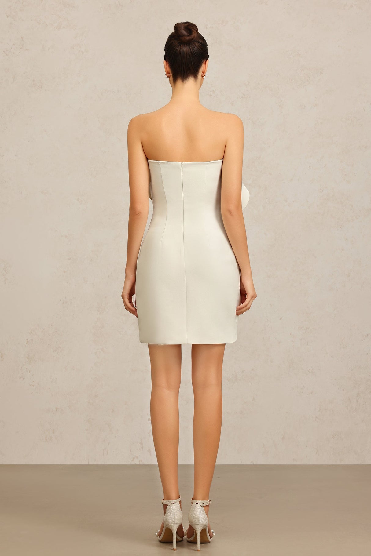 Vera Beige Ruffle Mini Dress Elegant Strapless Neckline Sophisticated Folds Versatile Style Practicality Parties Events