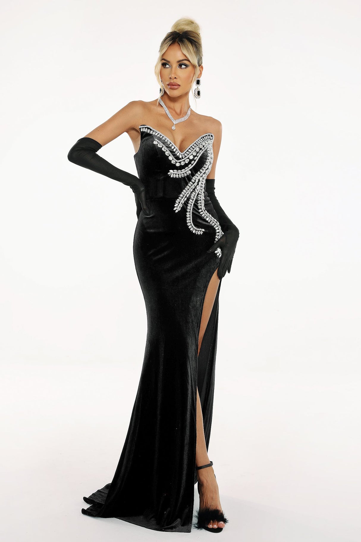 Vera Black Formal Gown with High Slit and Diamante Detailing