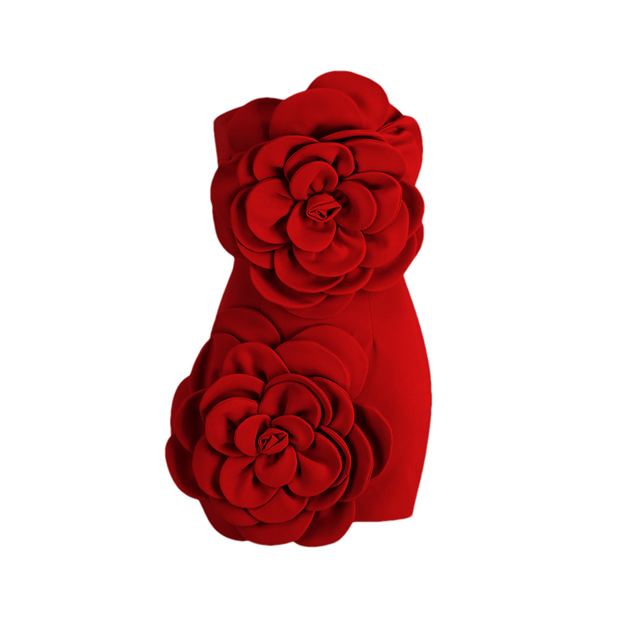 Vera Dress Red Faux - Flower Back - Zip Chic Scoop - Back High - Waisted