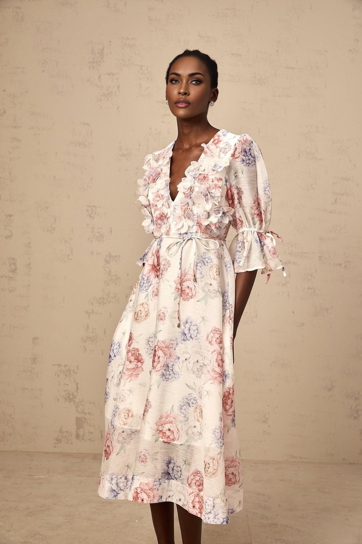 Vera Floral Midi Dress with Plunging Vneck & 3D Petal Detailing