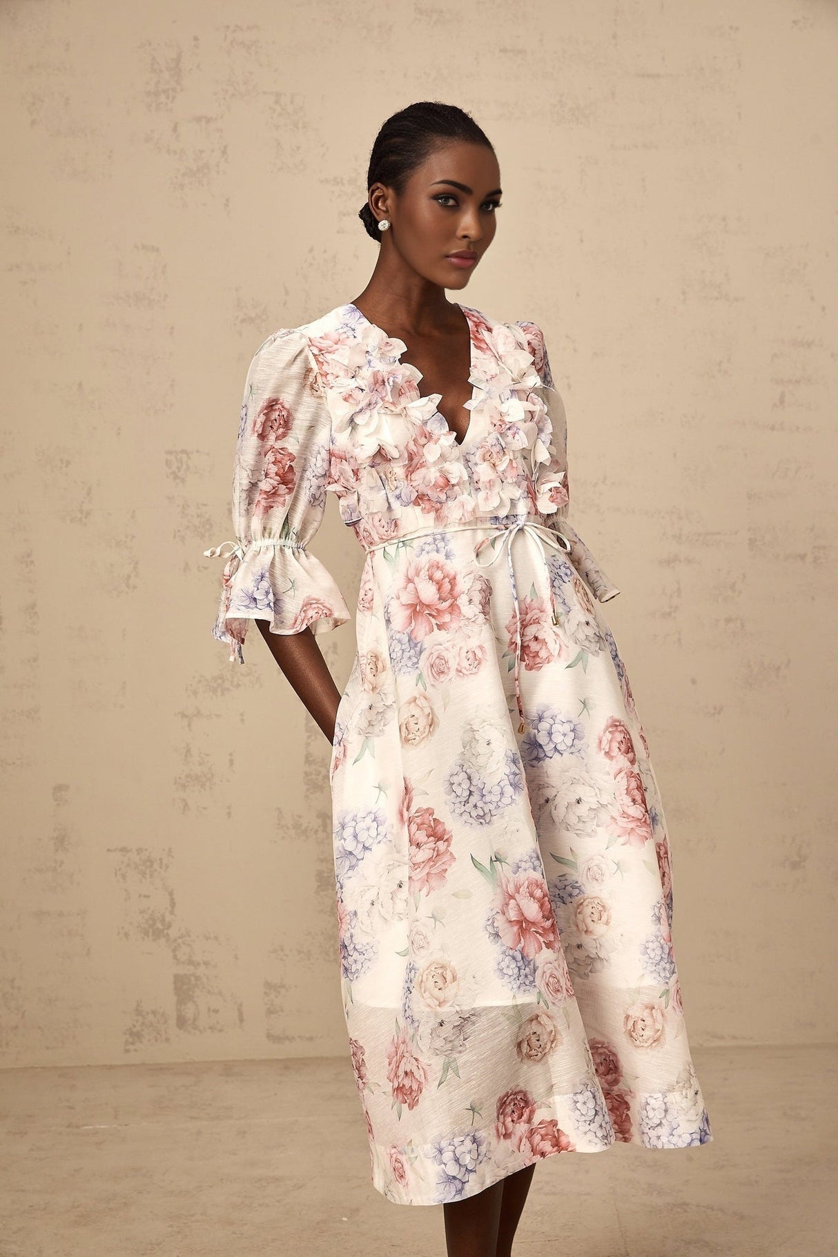 Vera Floral Midi Dress with Plunging Vneck & 3D Petal Detailing