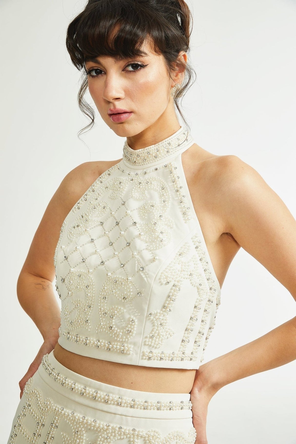 Vera Halterneck Skirt & Top Set Crystal Faux - Pearl Embellishment