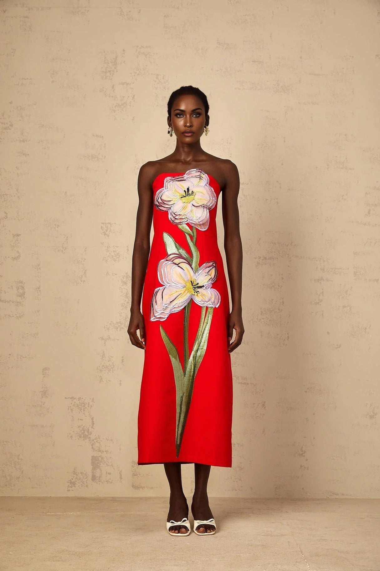 Vera Midi Dress Red Sequin Embroidered Off - Shoulder Sparkle & Floral