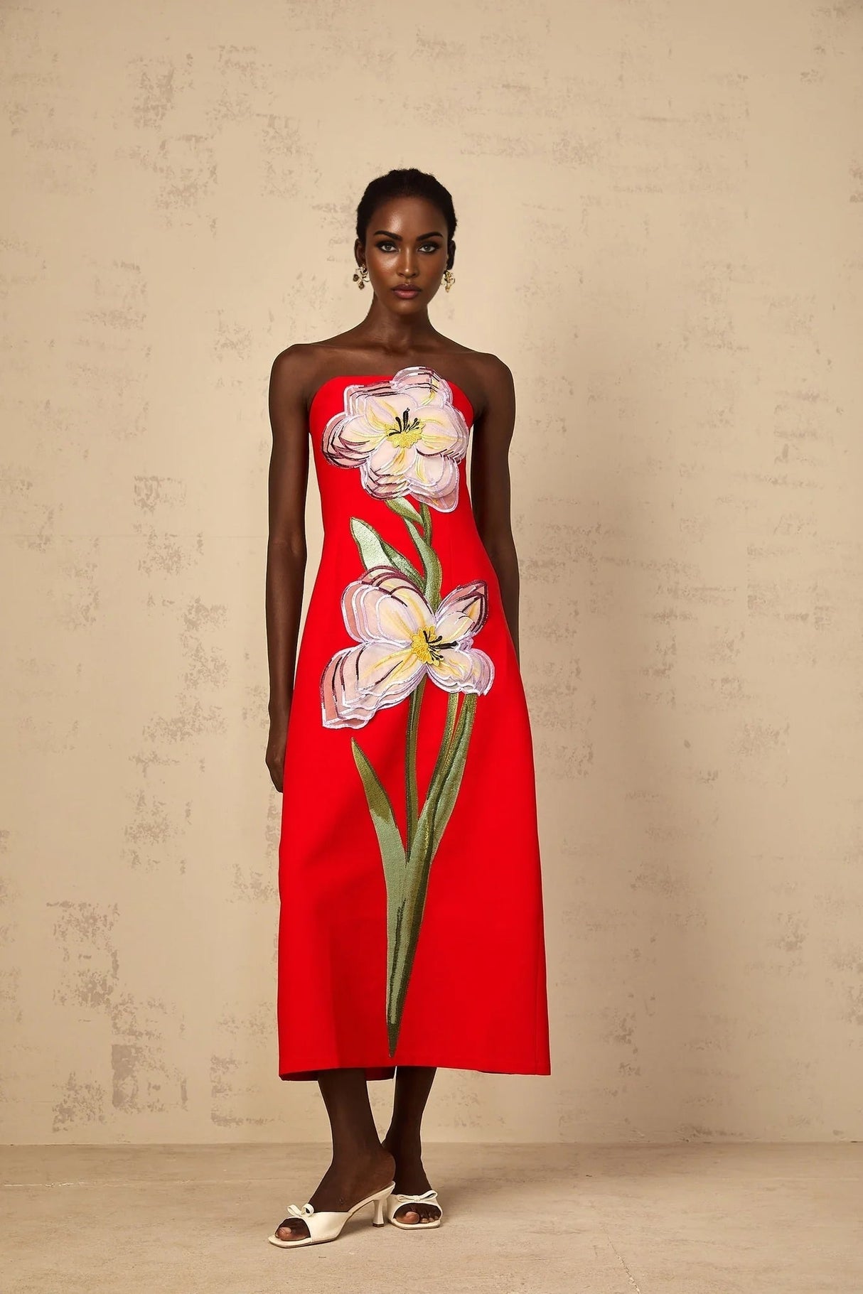 Vera Midi Dress Red Sequin Embroidered Off - Shoulder Sparkle & Floral