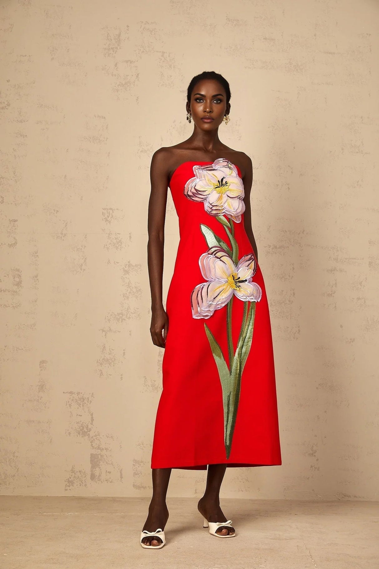 Vera Midi Dress Red Sequin Embroidered Off - Shoulder Sparkle & Floral