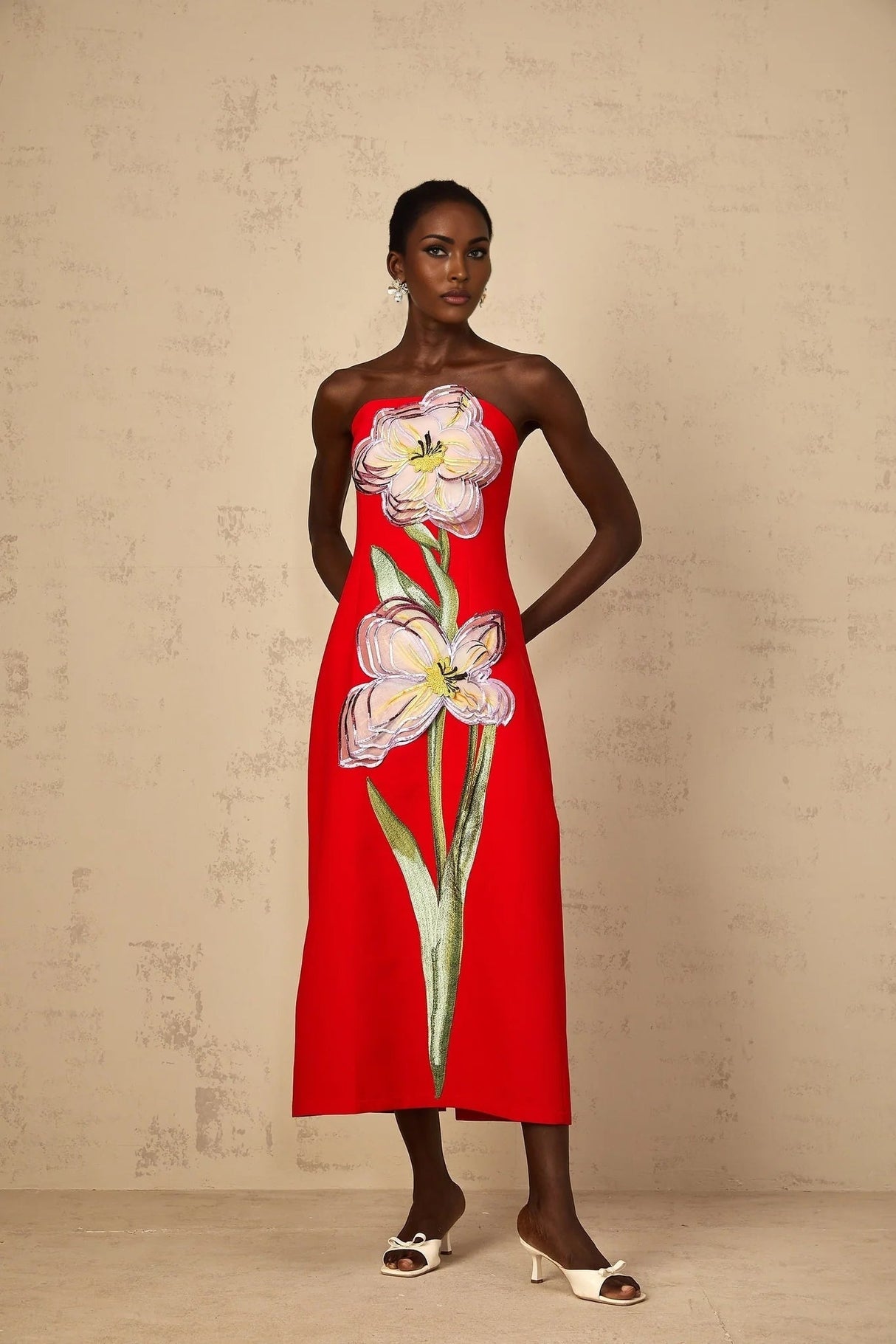 Vera Midi Dress Red Sequin Embroidered Off - Shoulder Sparkle & Floral