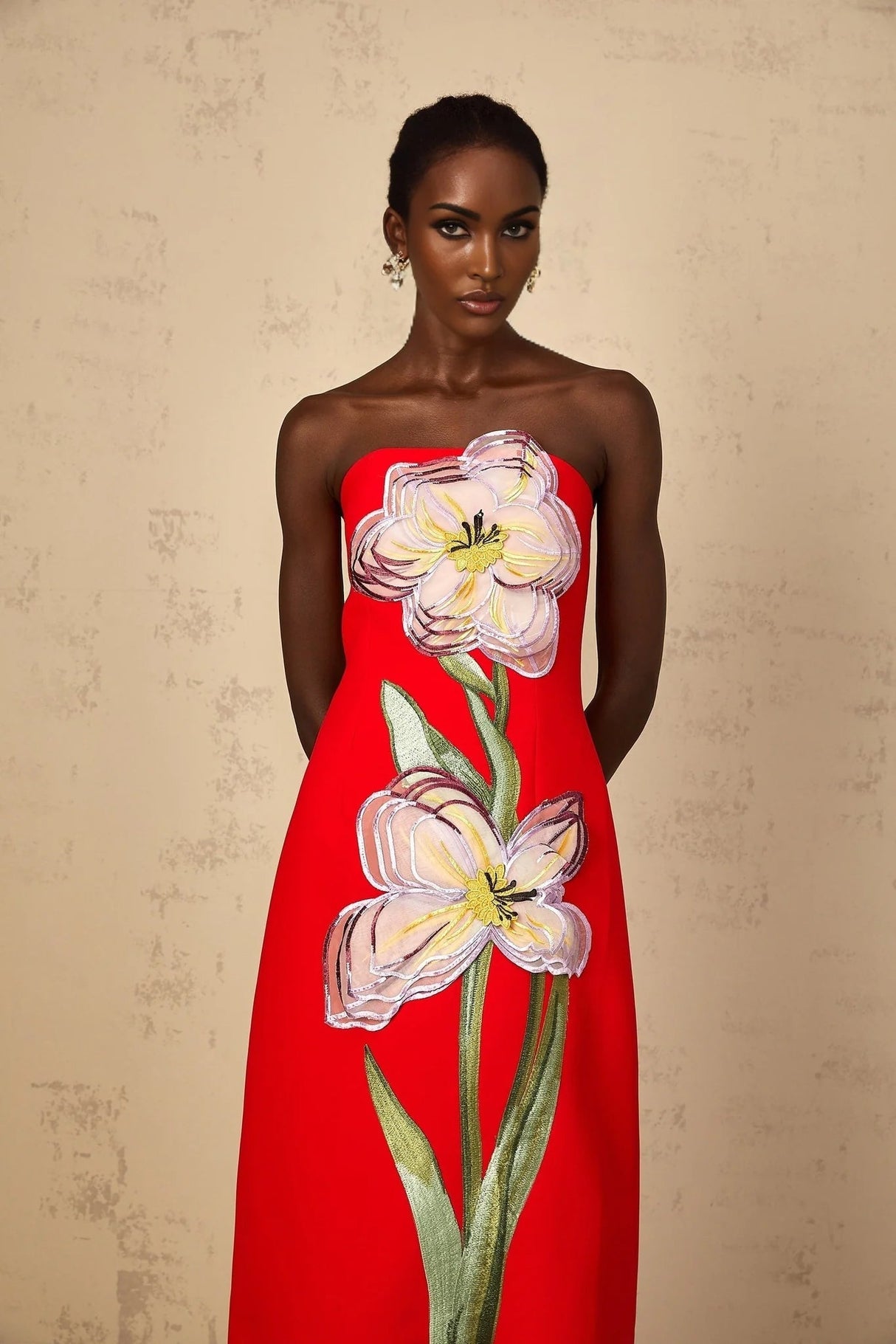 Vera Midi Dress Red Sequin Embroidered Off - Shoulder Sparkle & Floral