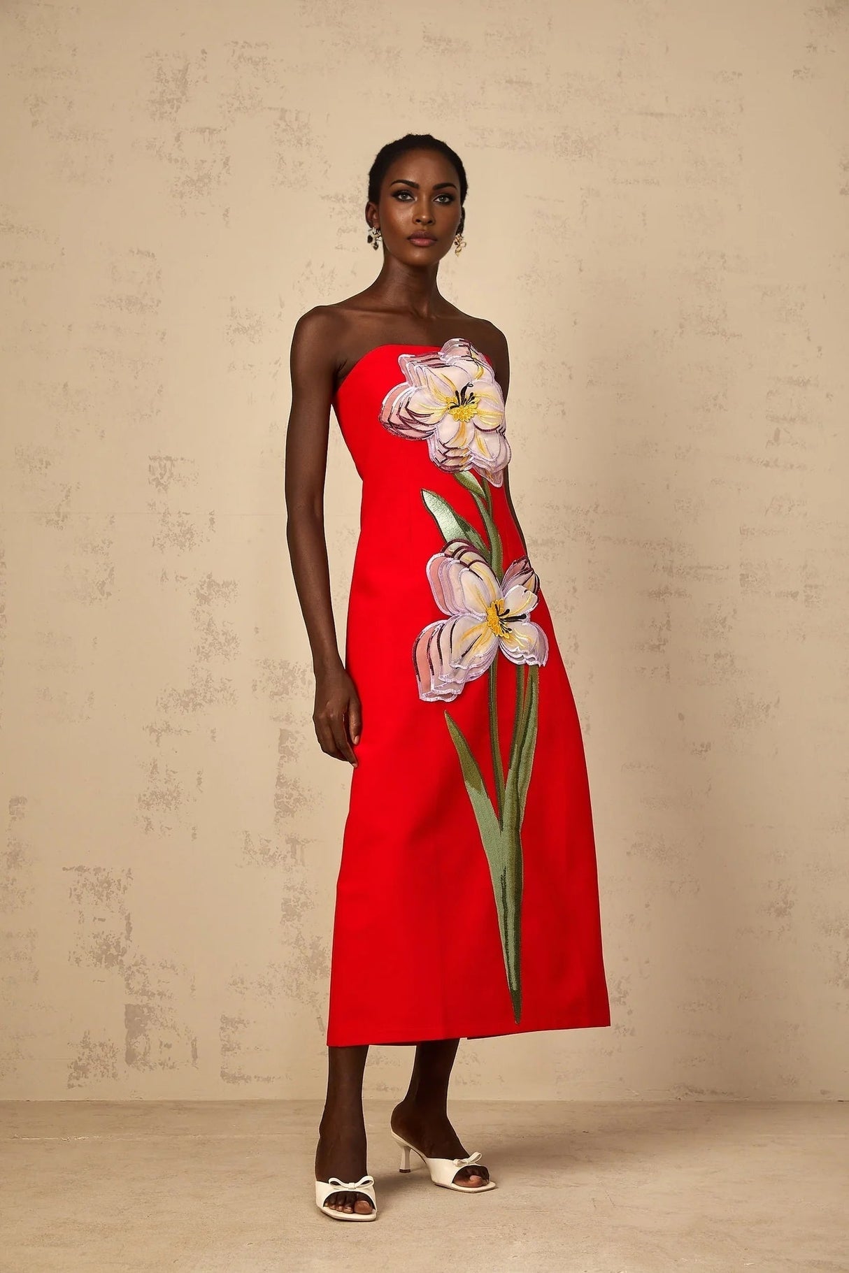 Vera Midi Dress Red Sequin Embroidered Off - Shoulder Sparkle & Floral