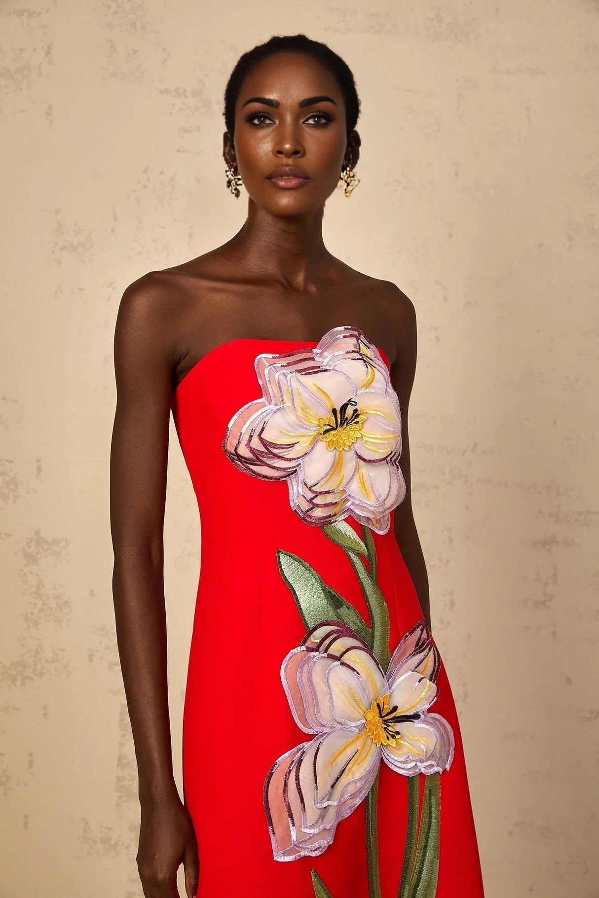 Vera Midi Dress Red Sequin Embroidered Off - Shoulder Sparkle & Floral