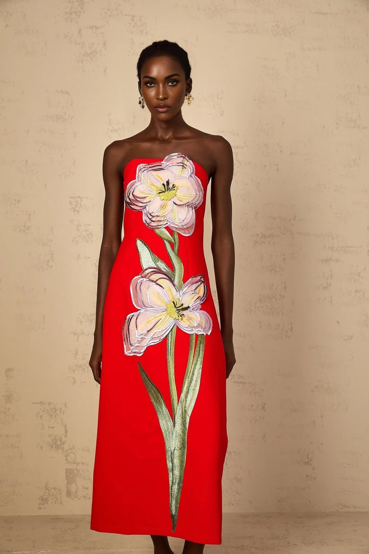 Vera Midi Dress Red Sequin Embroidered Off - Shoulder Sparkle & Floral