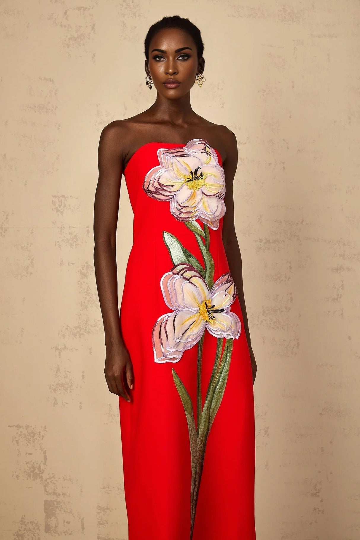 Vera Midi Dress Red Sequin Embroidered Off - Shoulder Sparkle & Floral