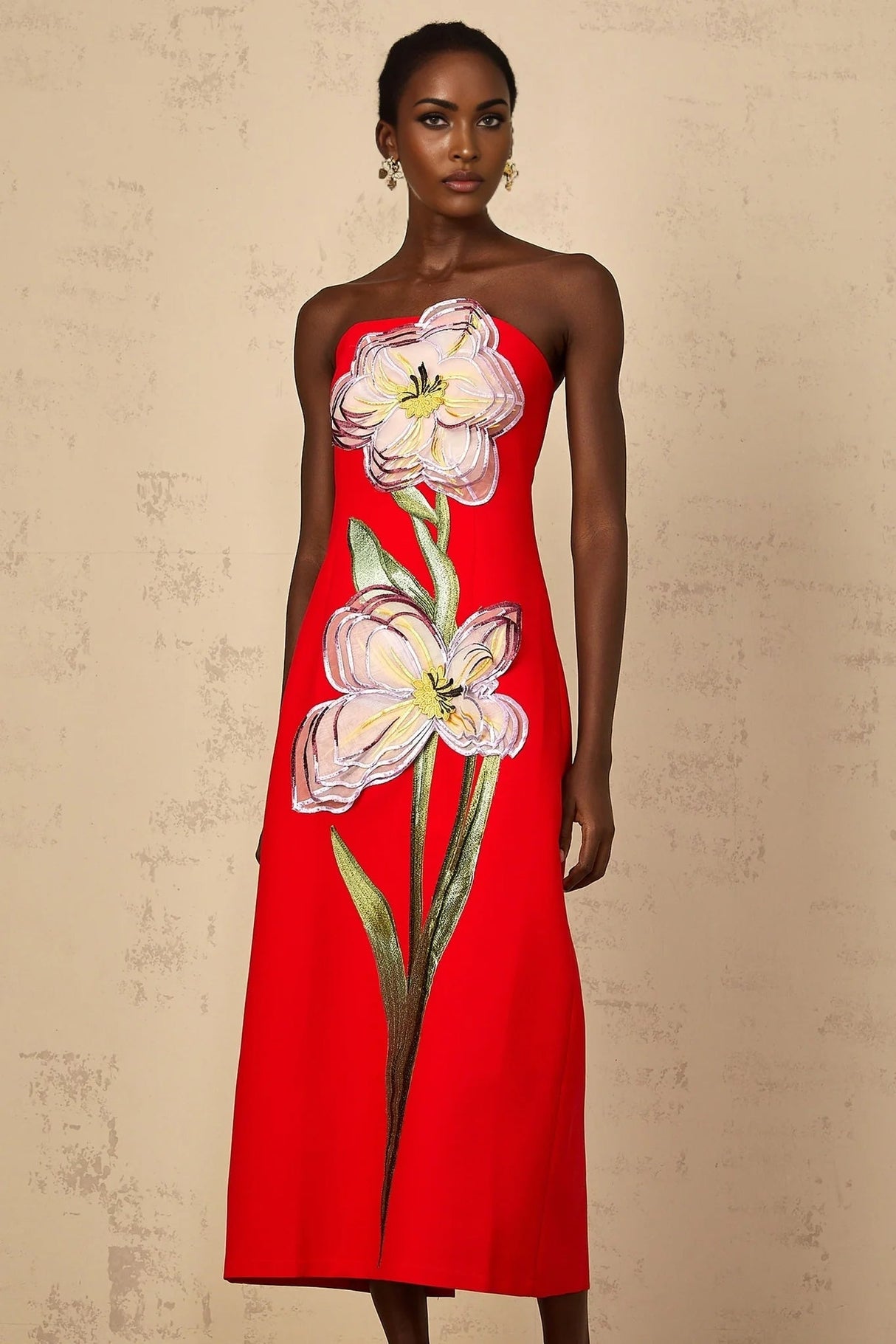 Vera Midi Dress Red Sequin Embroidered Off - Shoulder Sparkle & Floral