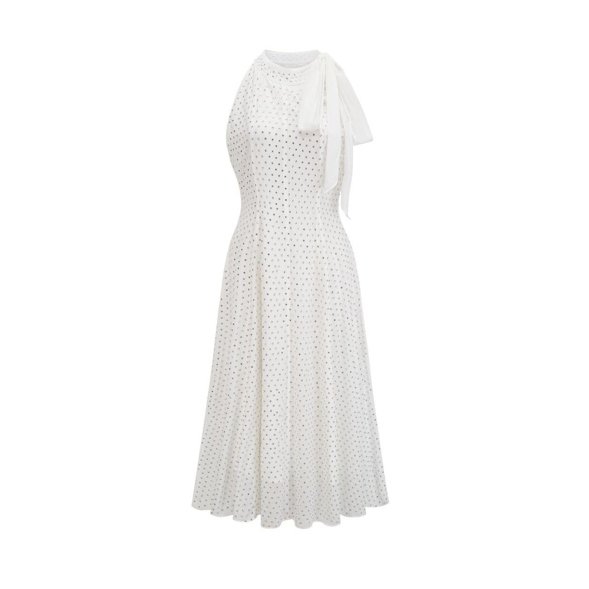 Vera Midi Dress White Crystal Bow Sleeveless Double Layer