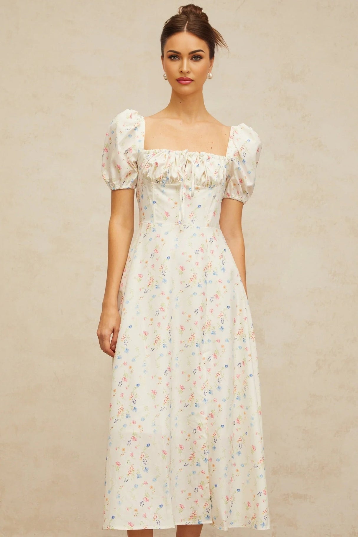 Vera Midi Dress White Floral Flared & Side Slit