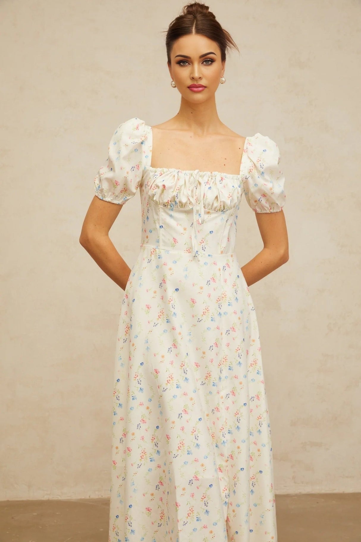 Vera Midi Dress White Floral Flared & Side Slit