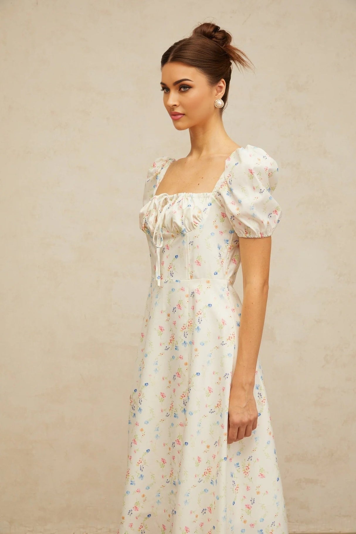 Vera Midi Dress White Floral Flared & Side Slit