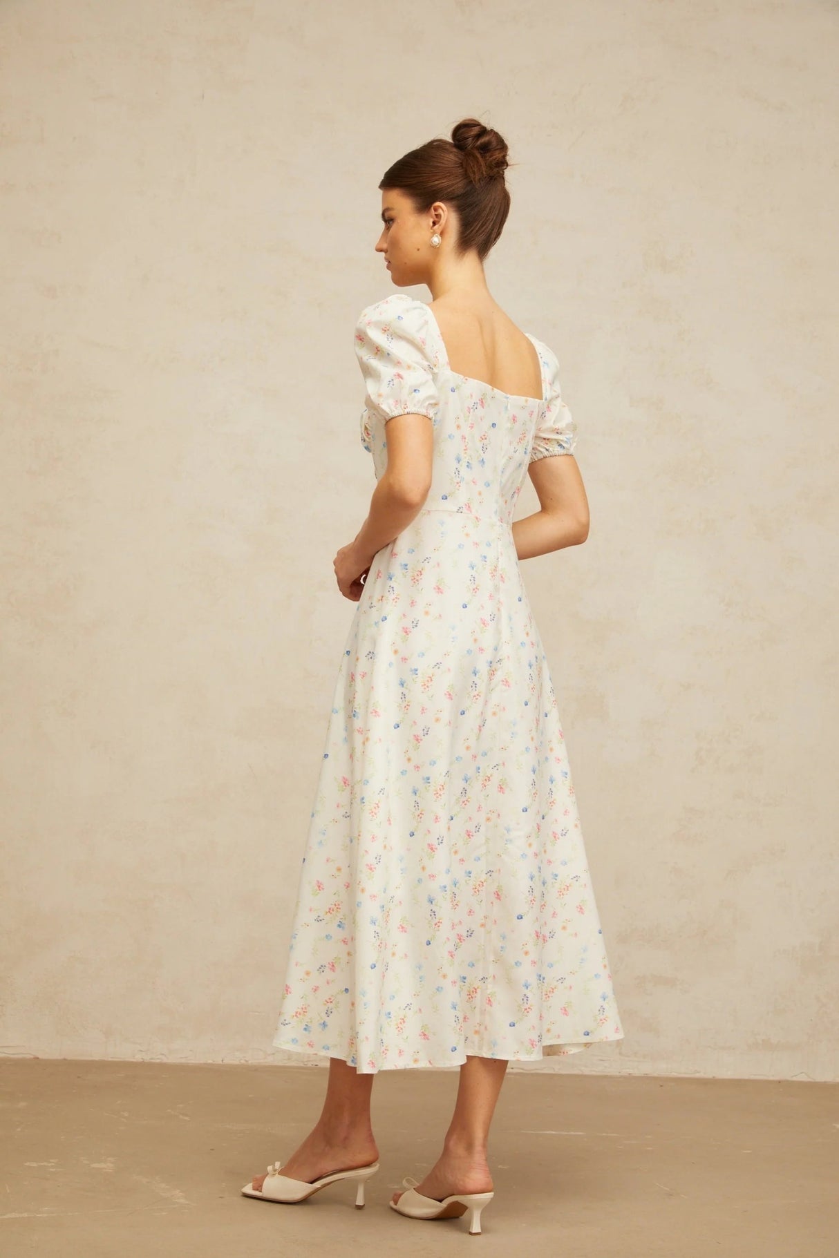 Vera Midi Dress White Floral Flared & Side Slit