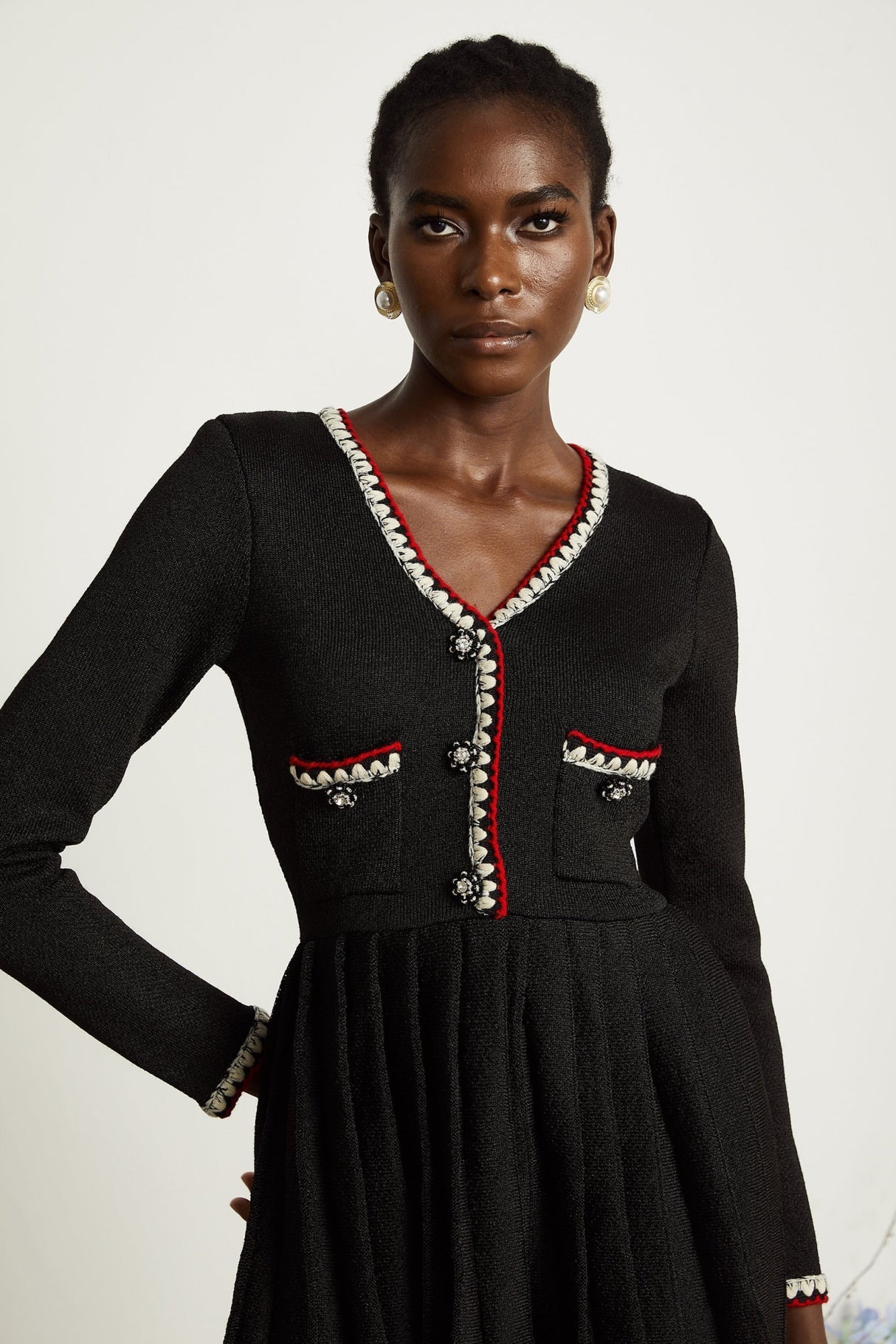 Vera Mini Dress Black Knitted V Neck Button Thigh Length