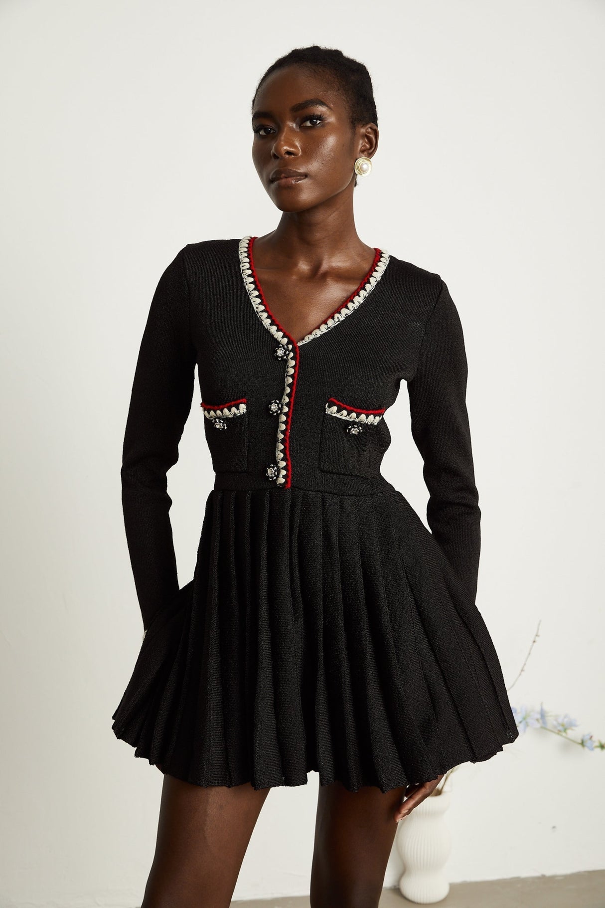 Vera Mini Dress Black Knitted V Neck Button Thigh Length