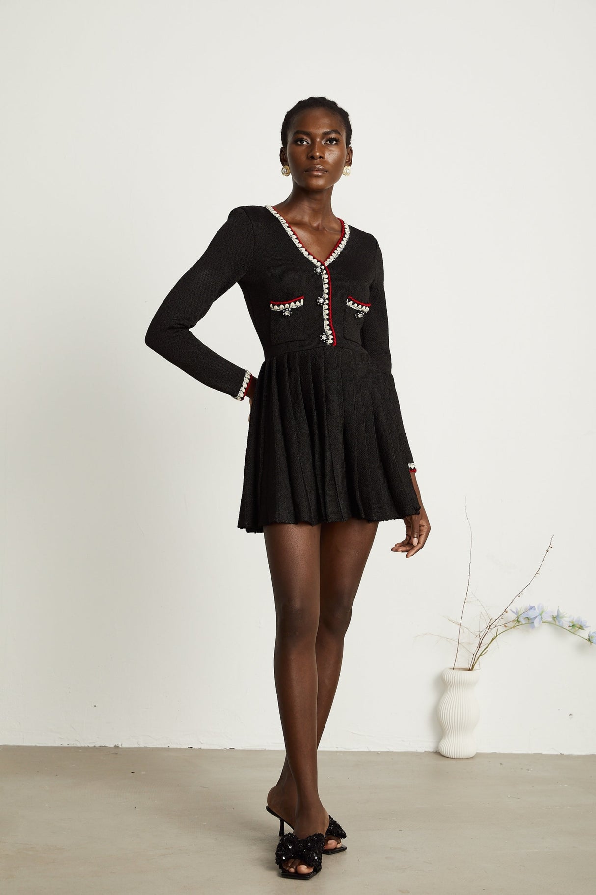 Vera Mini Dress Black Knitted V Neck Button Thigh Length