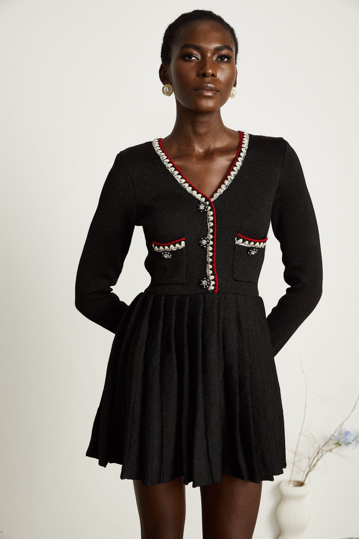 Vera Mini Dress Black Knitted V Neck Button Thigh Length