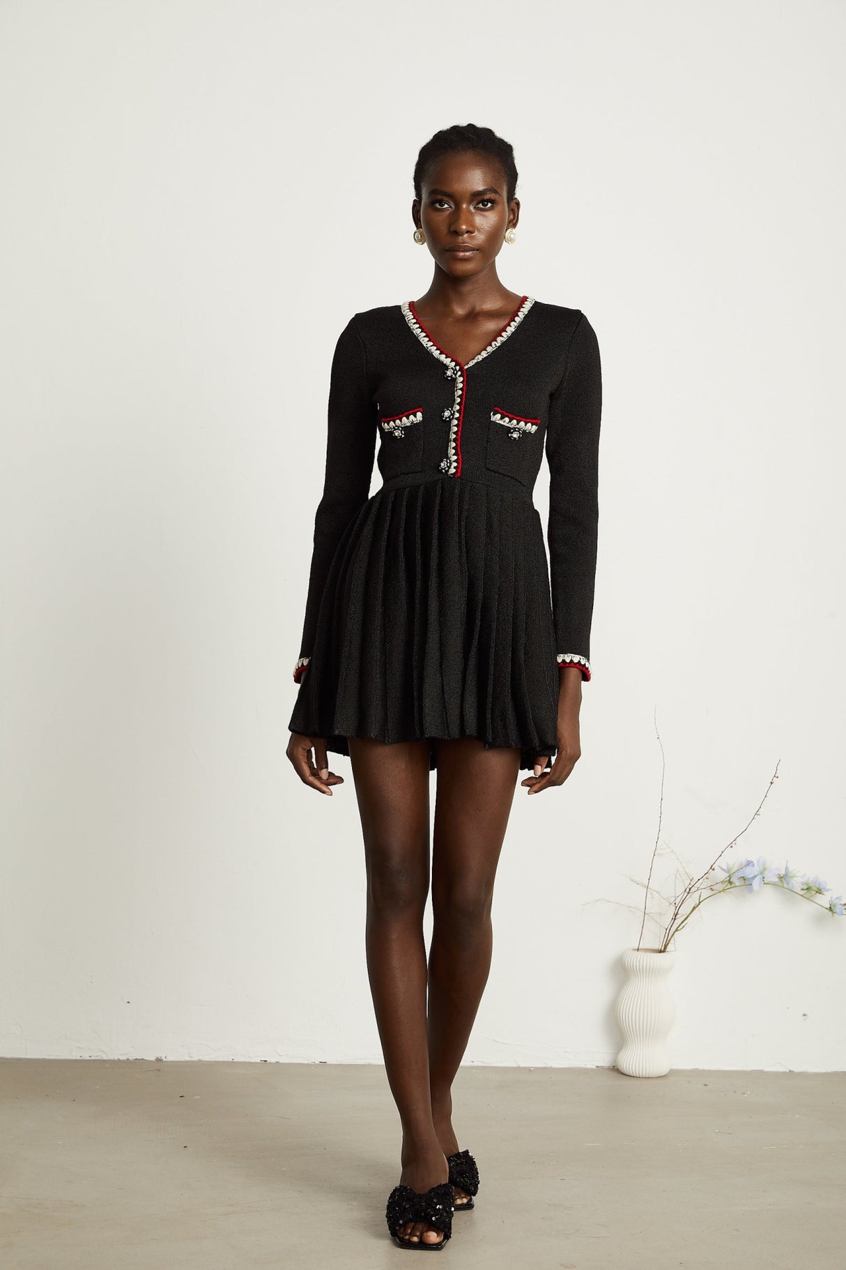 Vera Mini Dress Black Knitted V Neck Button Thigh Length