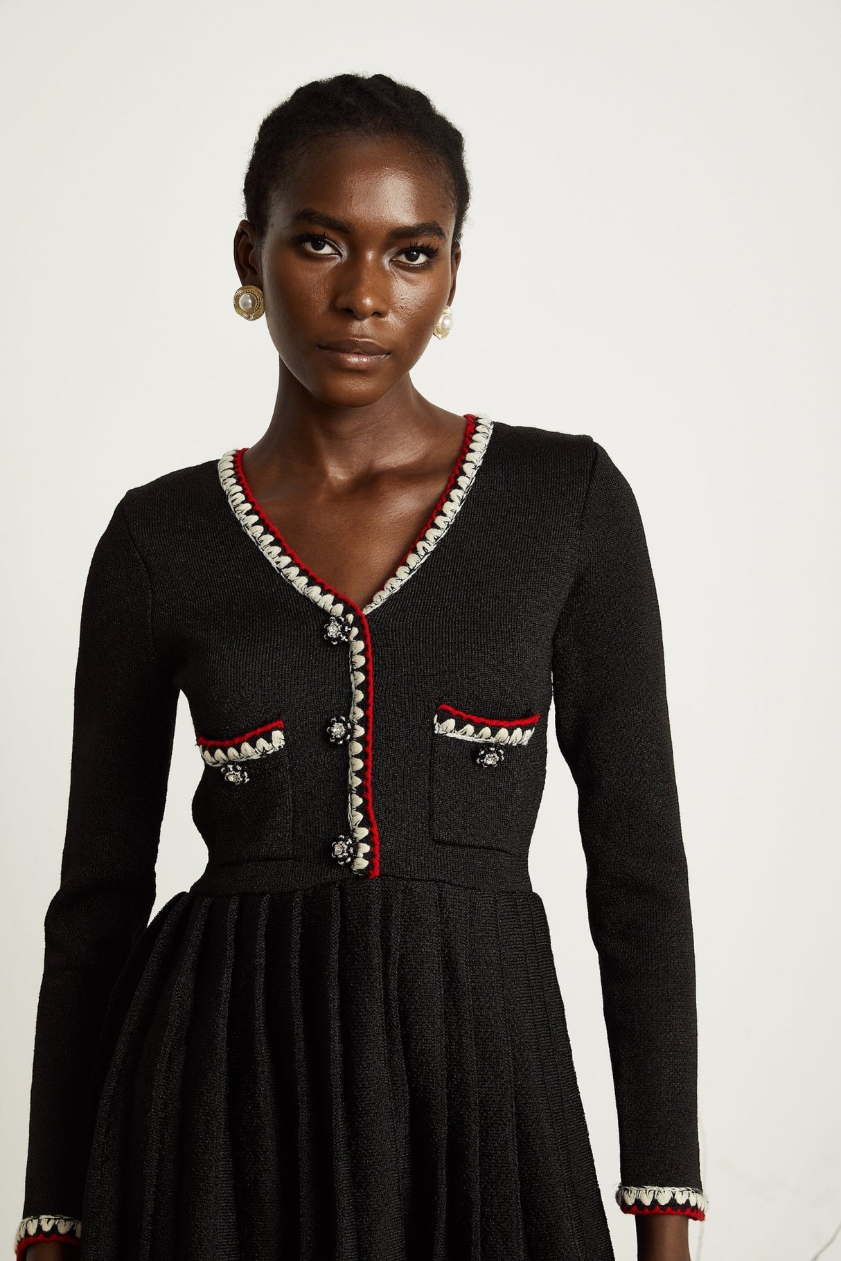 Vera Mini Dress Black Knitted V Neck Button Thigh Length