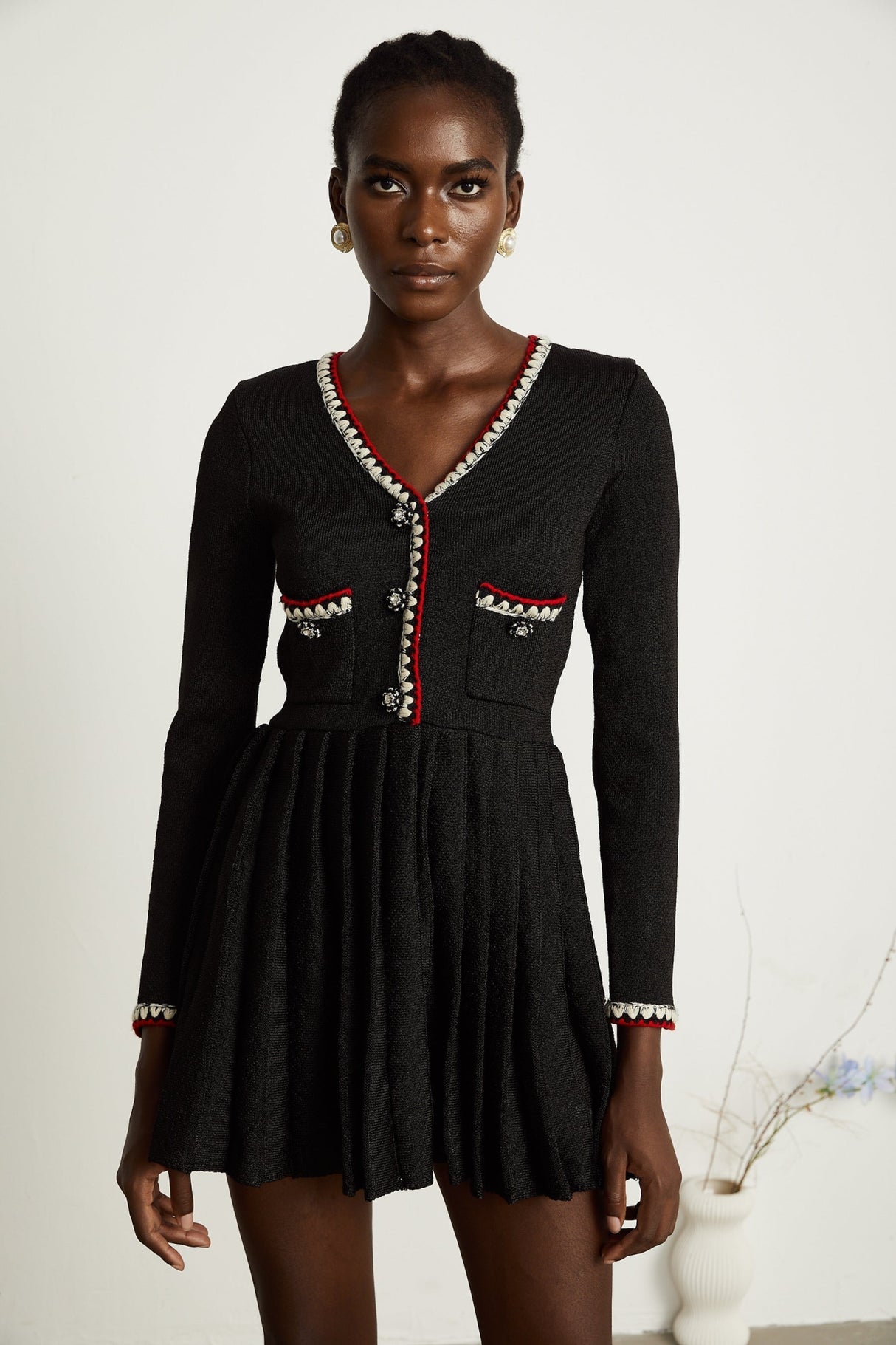 Vera Mini Dress Black Knitted V Neck Button Thigh Length