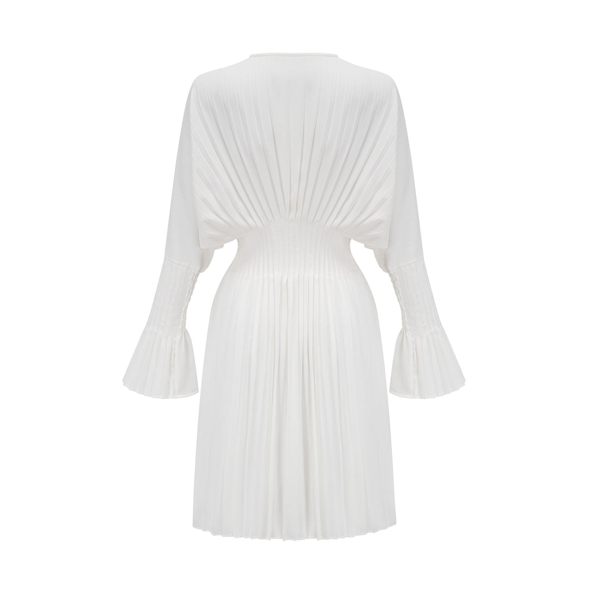 Vera Mini Dress White V Neck Flare Cuffed Pleated Chic