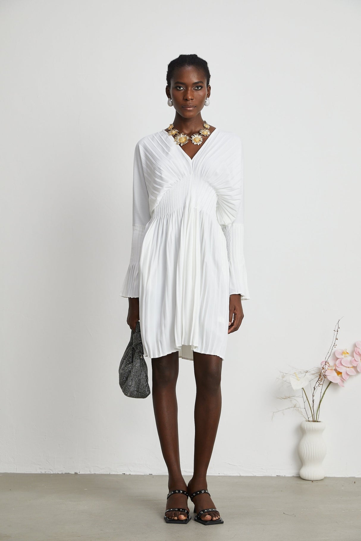 Vera Mini Dress White V Neck Flare Cuffed Pleated Chic