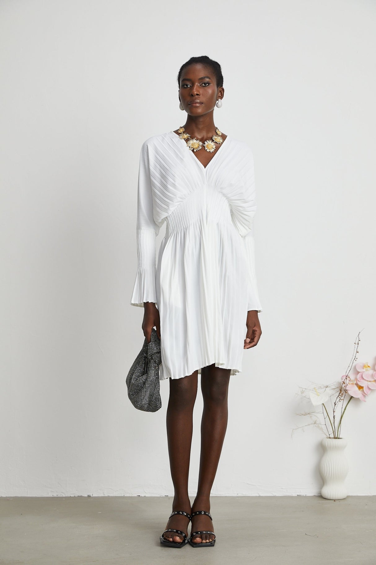 Vera Mini Dress White V Neck Flare Cuffed Pleated Chic