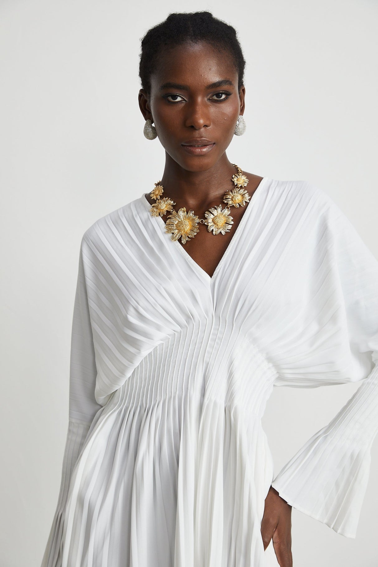 Vera Mini Dress White V Neck Flare Cuffed Pleated Chic