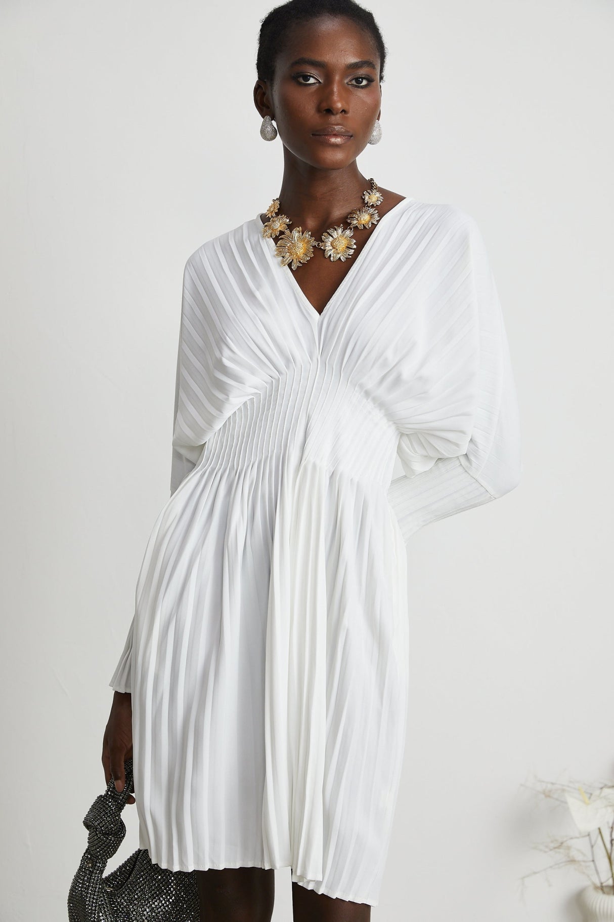 Vera Mini Dress White V Neck Flare Cuffed Pleated Chic