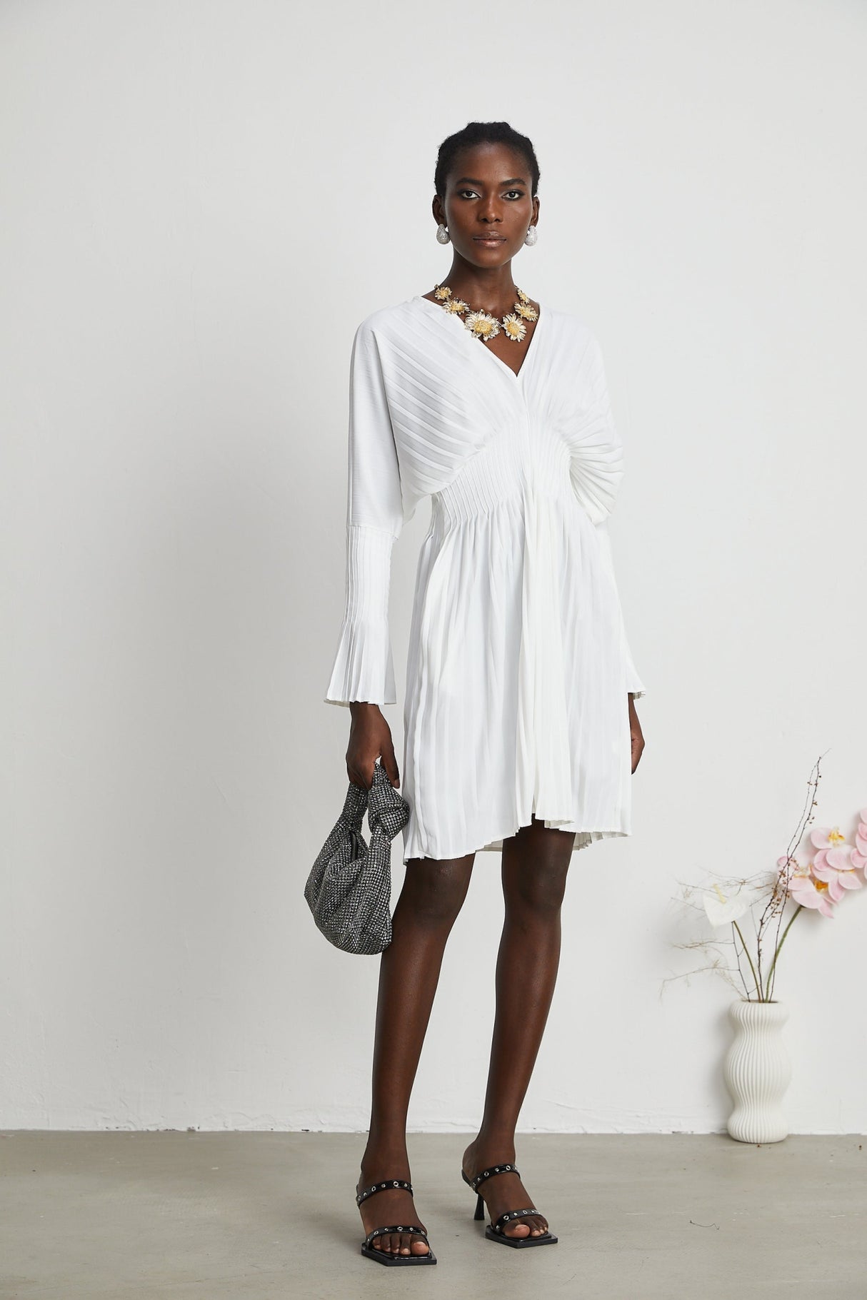 Vera Mini Dress White V Neck Flare Cuffed Pleated Chic