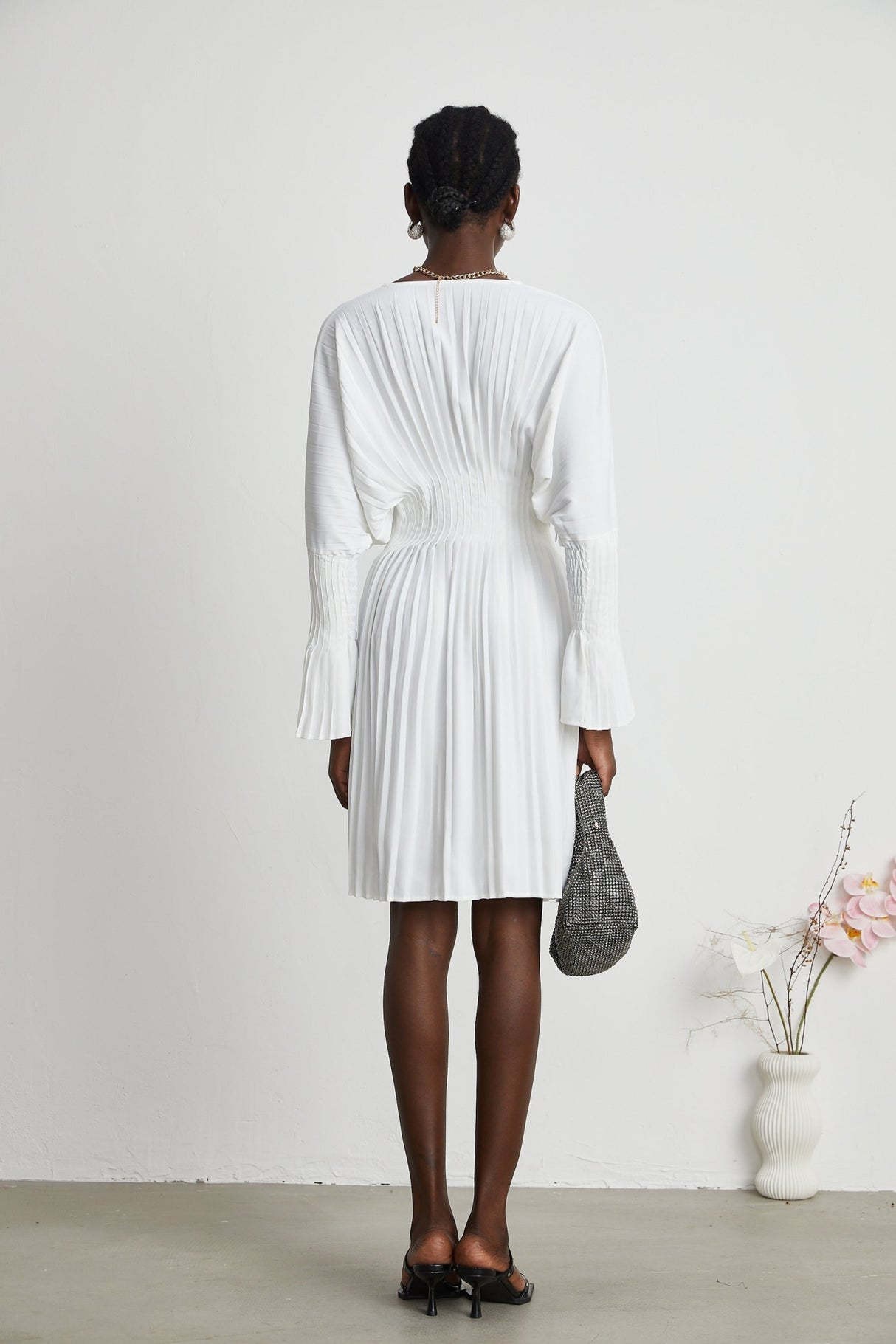 Vera Mini Dress White V Neck Flare Cuffed Pleated Chic