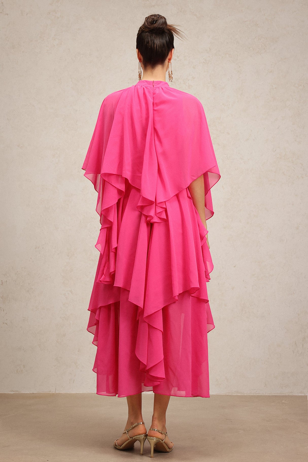 Vera Pink Asymmetrical Silhouette Flowy Fabric Elbow Sleeves Ruffled Detailing High Neckline Dress