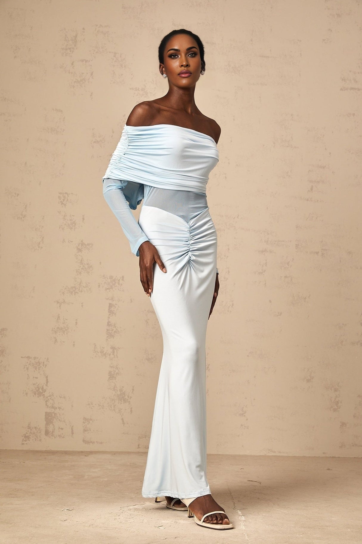 Veronica Maxi Dress - Blue Off - Shoulder with Long Sleeves and Ruched Detailing