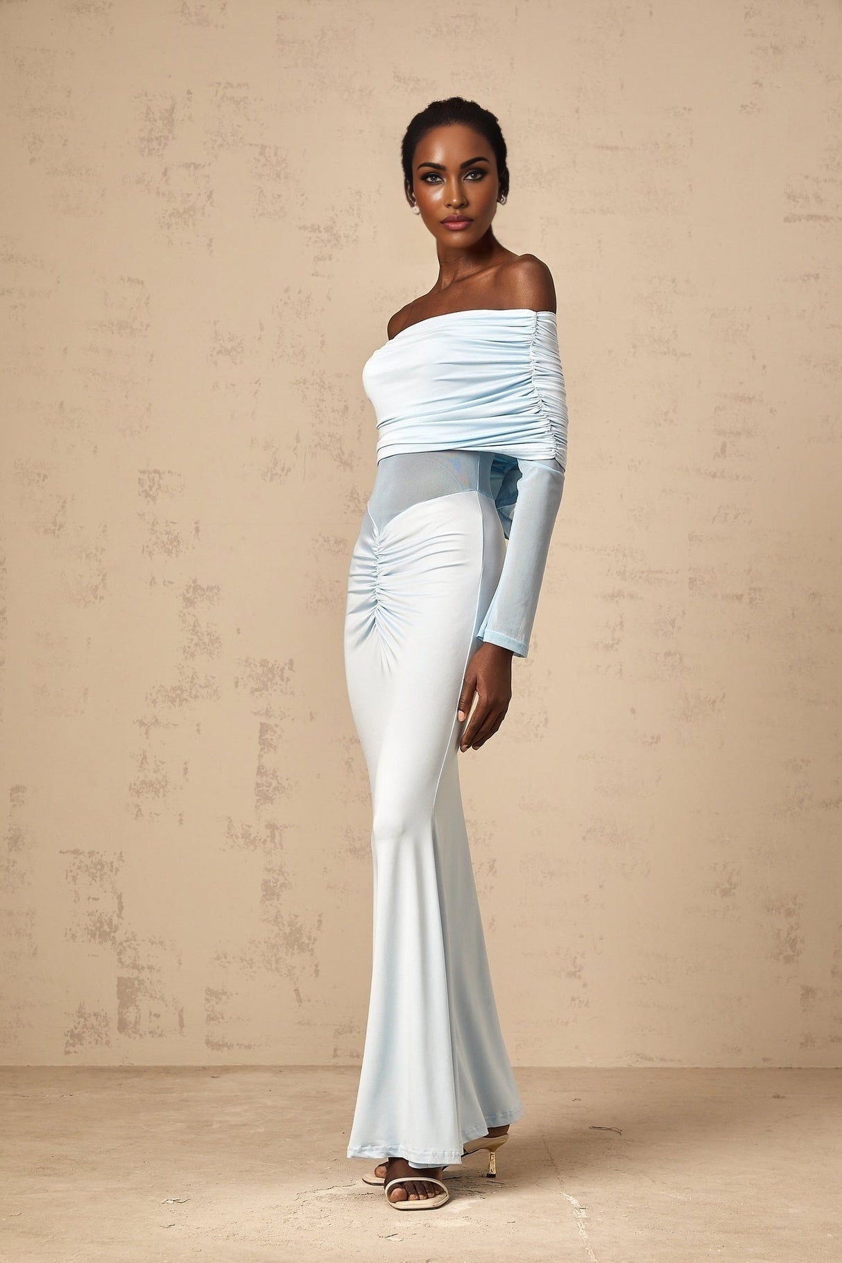 Veronica Maxi Dress - Blue Off - Shoulder with Long Sleeves and Ruched Detailing