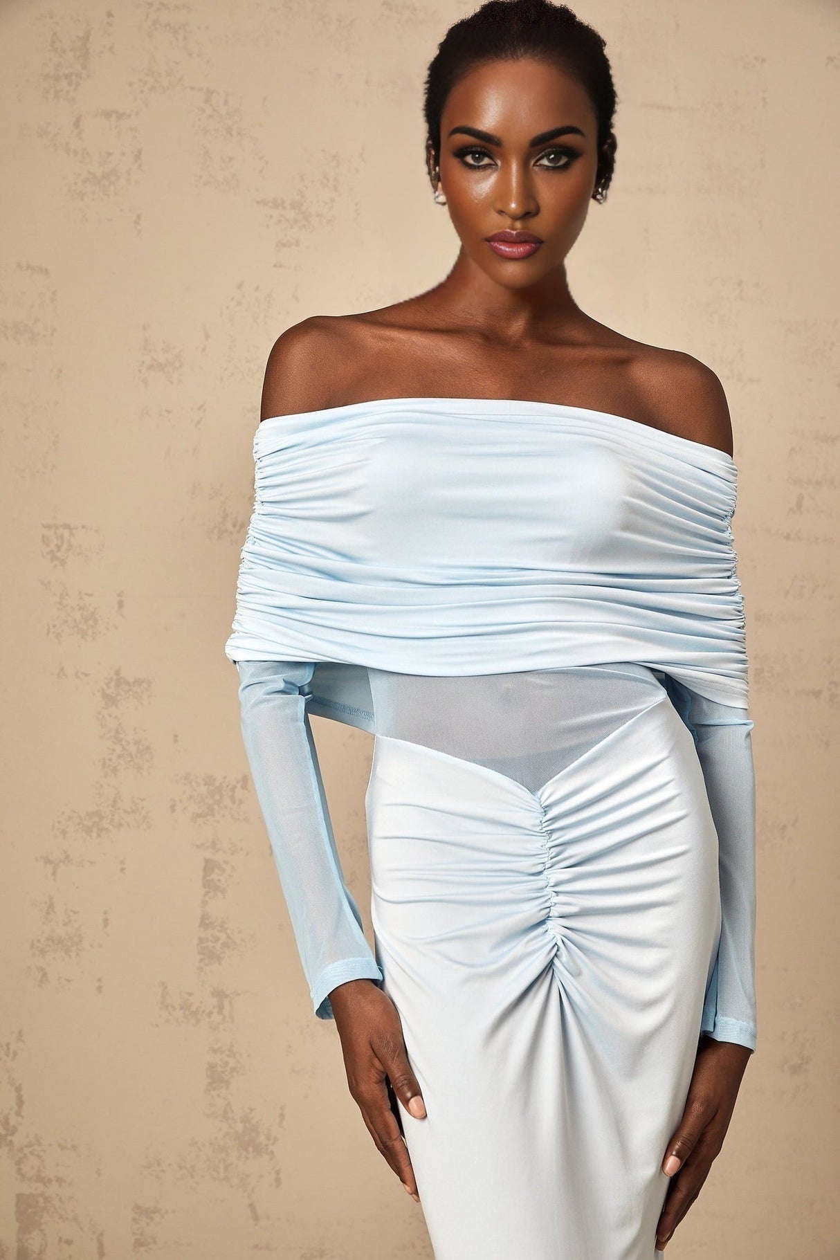 Veronica Maxi Dress - Blue Off - Shoulder with Long Sleeves and Ruched Detailing