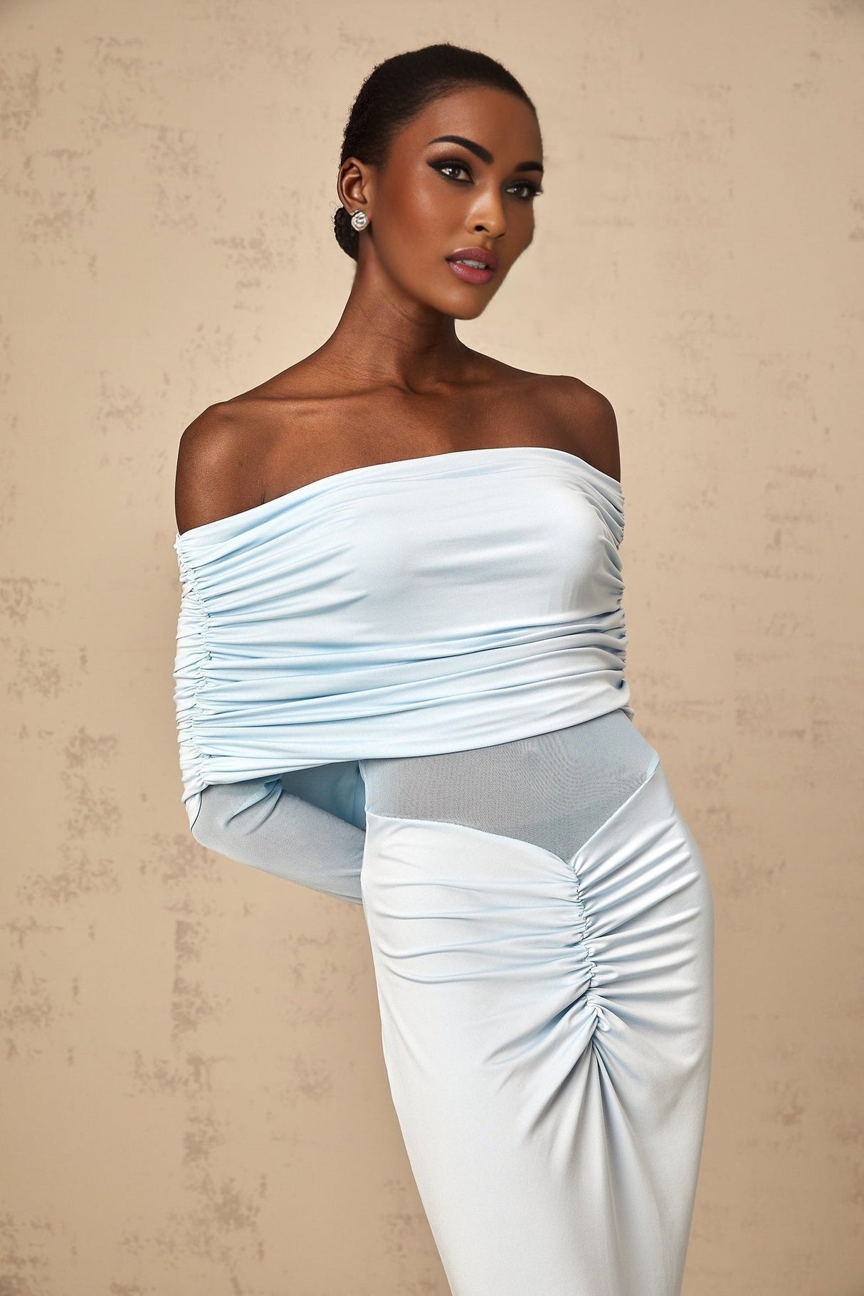 Veronica Maxi Dress - Blue Off - Shoulder with Long Sleeves and Ruched Detailing