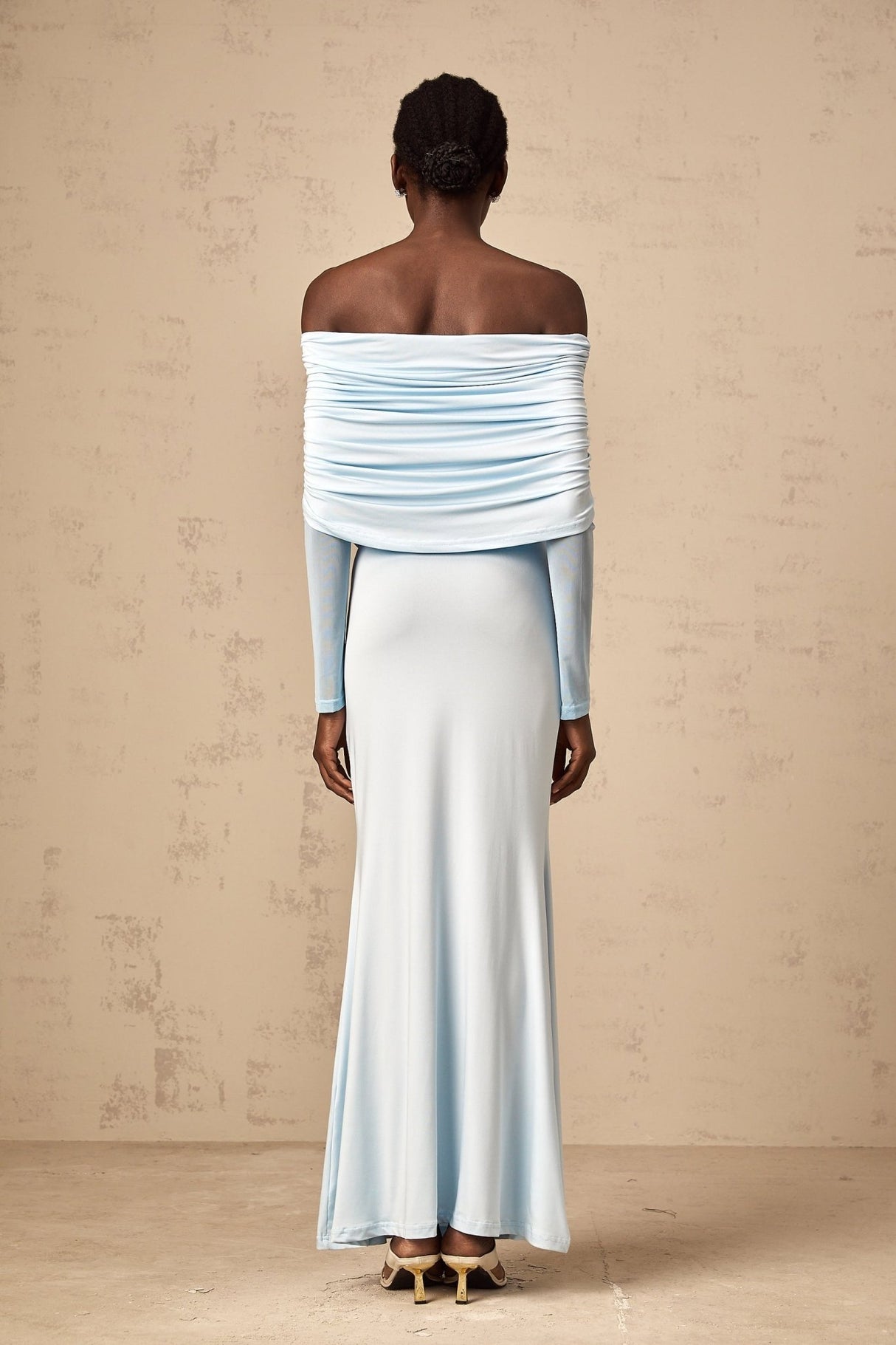 Veronica Maxi Dress - Blue Off - Shoulder with Long Sleeves and Ruched Detailing