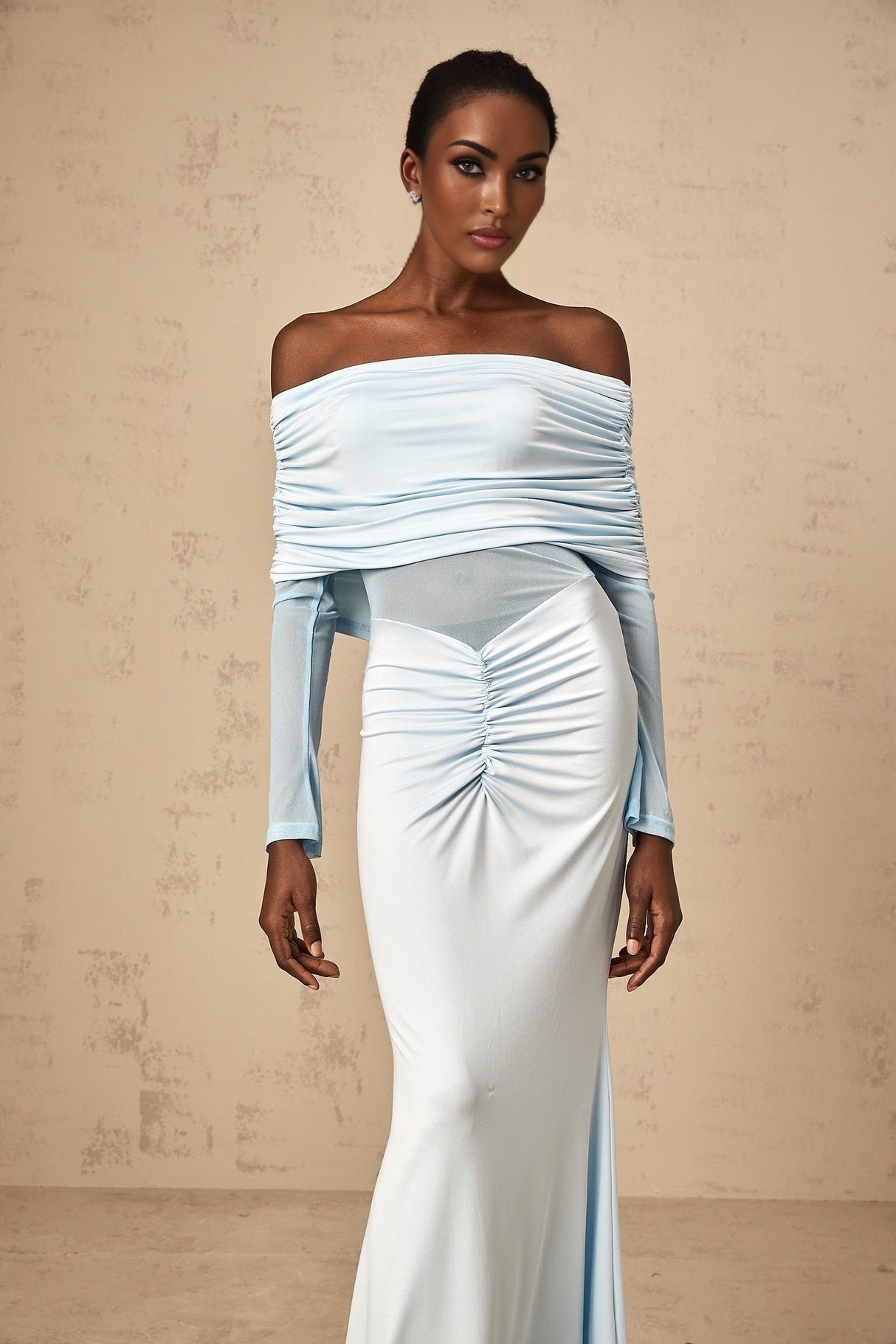 Veronica Maxi Dress - Blue Off - Shoulder with Long Sleeves and Ruched Detailing