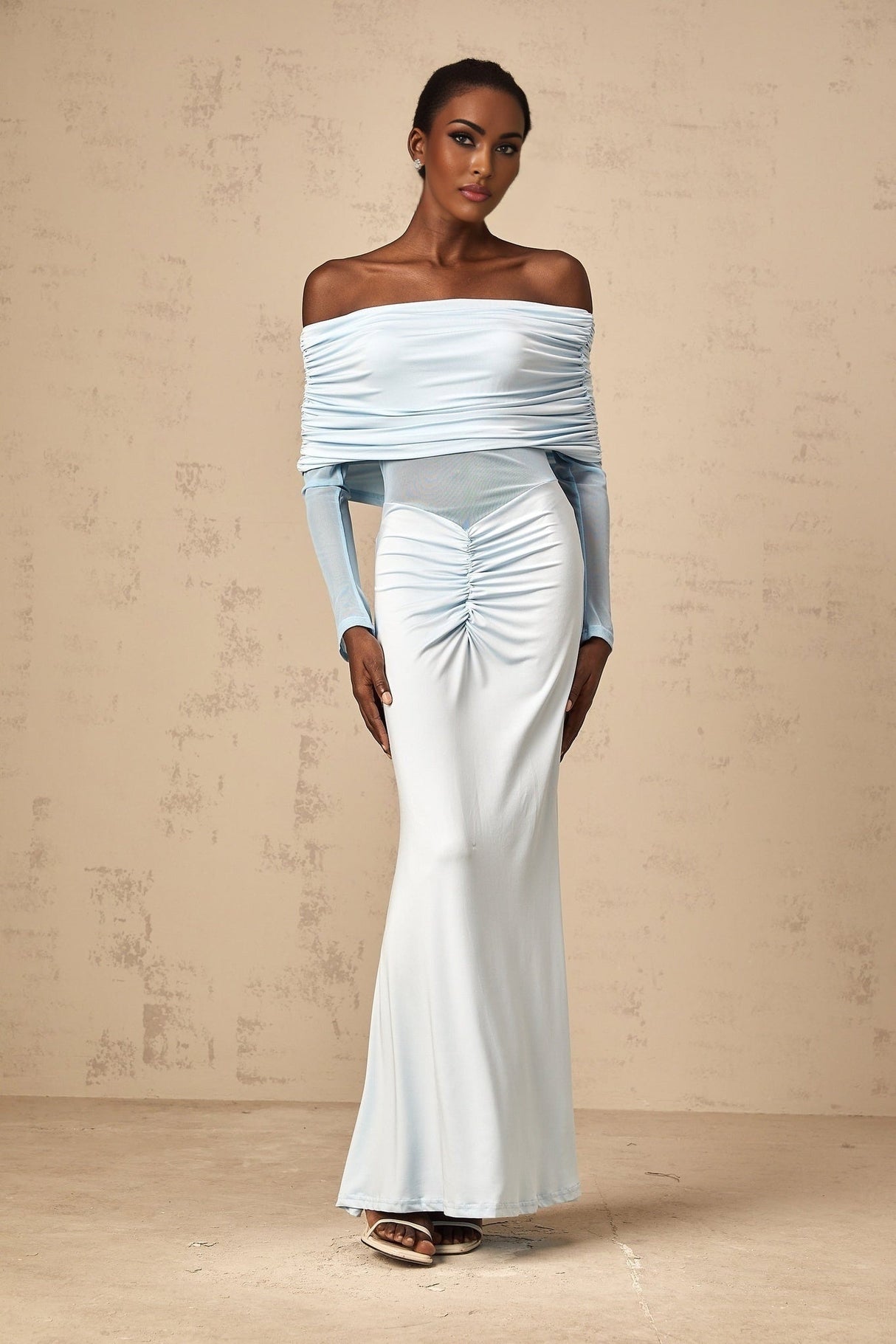 Veronica Maxi Dress - Blue Off - Shoulder with Long Sleeves and Ruched Detailing