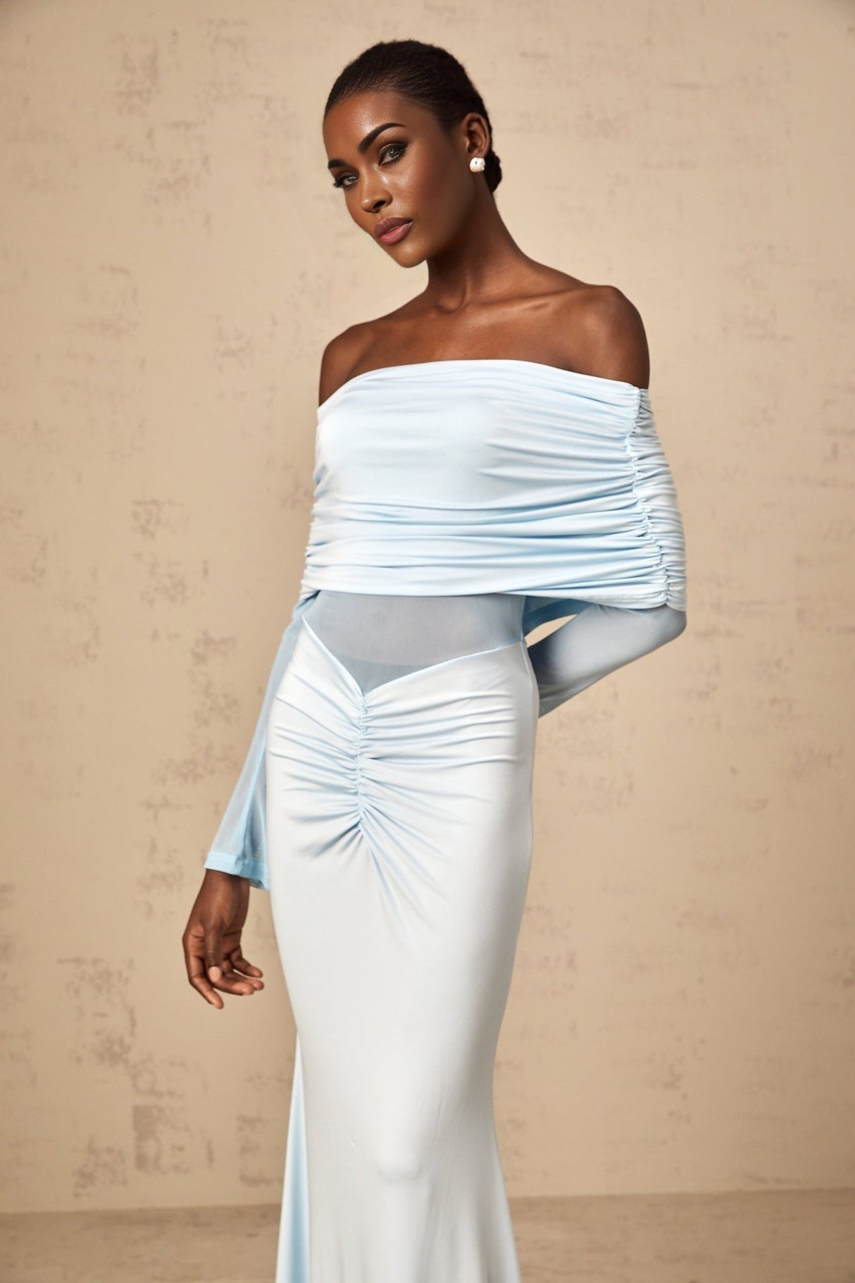 Veronica Maxi Dress - Blue Off - Shoulder with Long Sleeves and Ruched Detailing