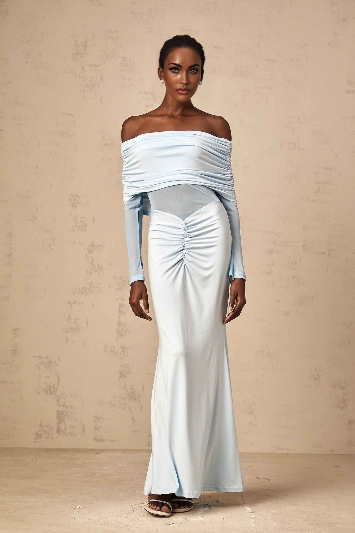 Veronica Maxi Dress - Blue Off - Shoulder with Long Sleeves and Ruched Detailing