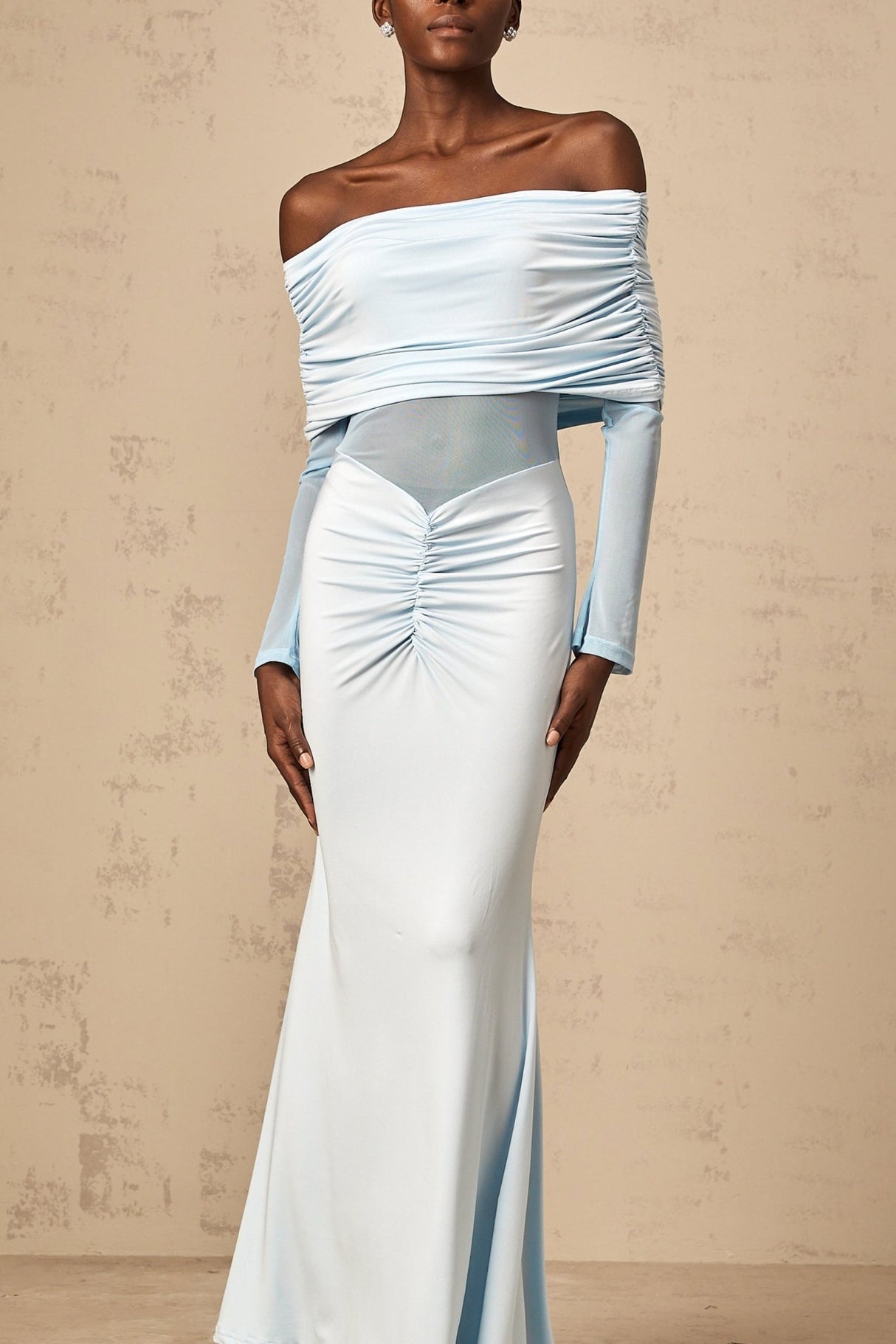Veronica Maxi Dress - Blue Off - Shoulder with Long Sleeves and Ruched Detailing
