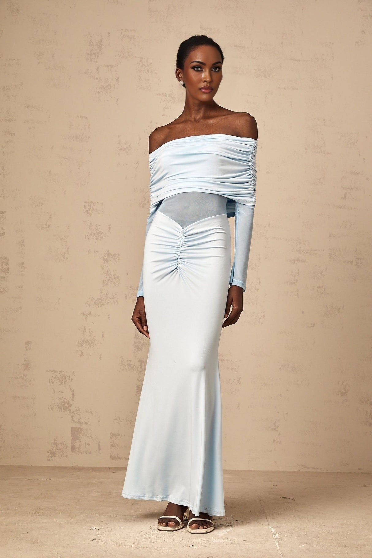 Veronica Maxi Dress - Blue Off - Shoulder with Long Sleeves and Ruched Detailing