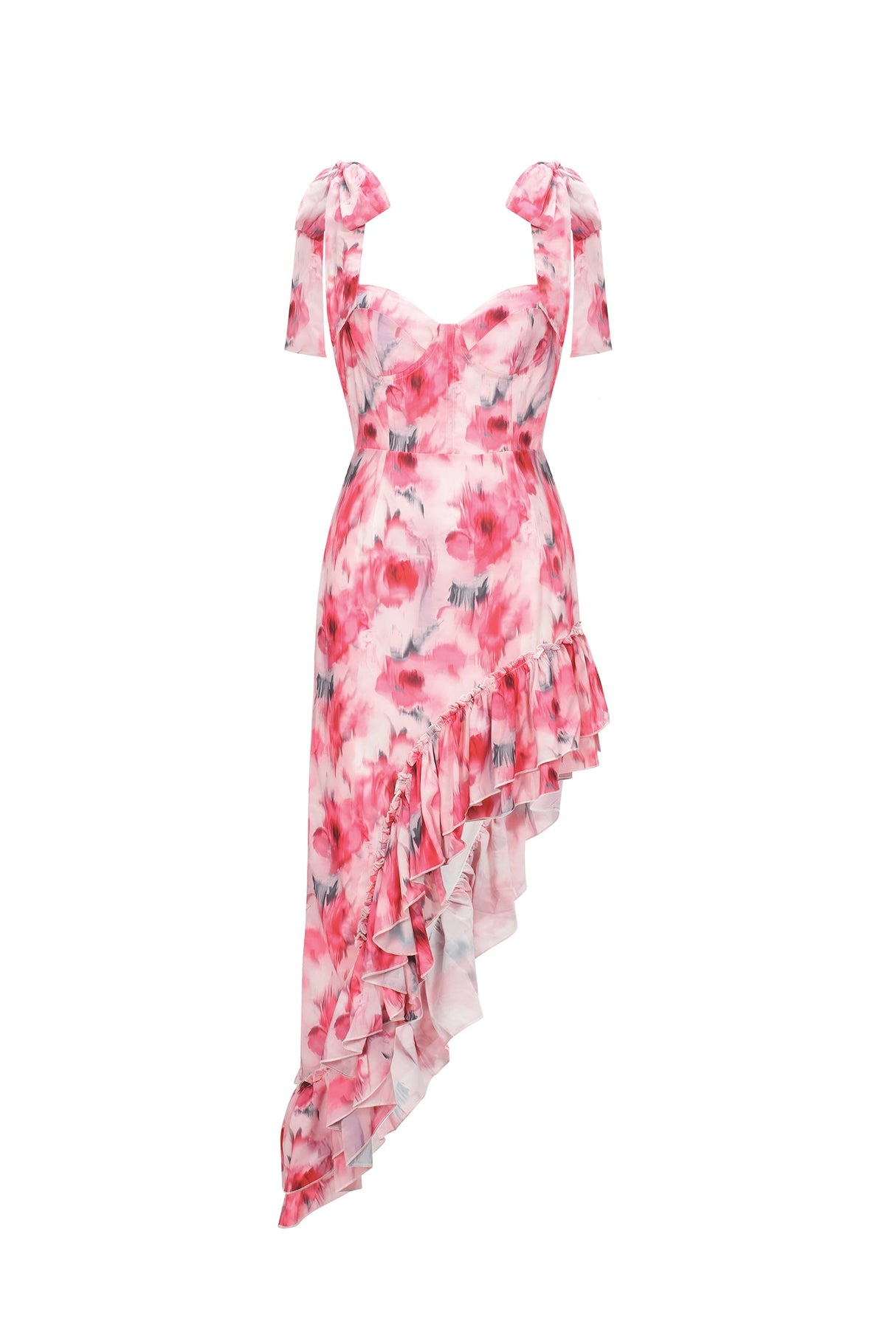 Veronica Pink Floral Asymmetrical Hemline Dress Sweetheart Neckline Ruffles