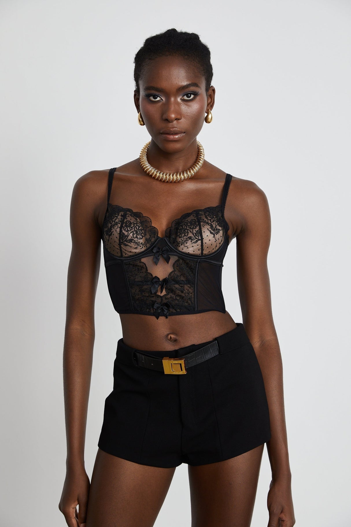 Veronica Vest Top Black Lace Bow Detail Sweetheart Cropped Mesh