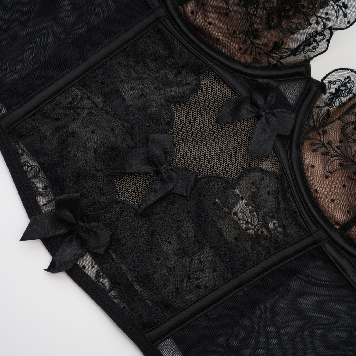 Veronica Vest Top Black Lace Bow Detail Sweetheart Cropped Mesh